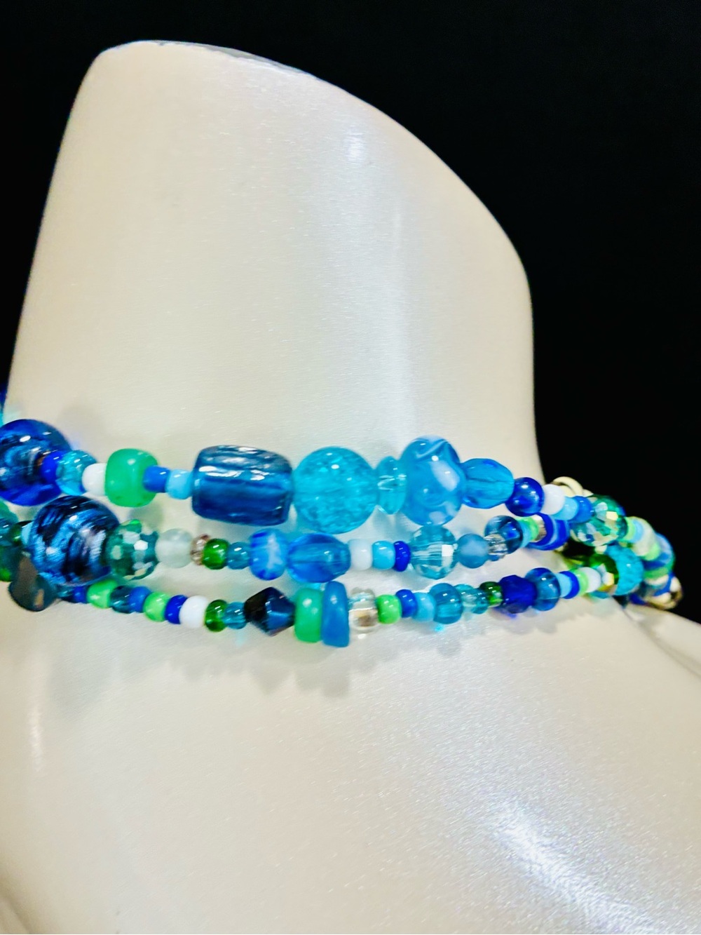 Handmade Blue & Green Beaded Necklace with Floral Accents - Picture 11 of 15